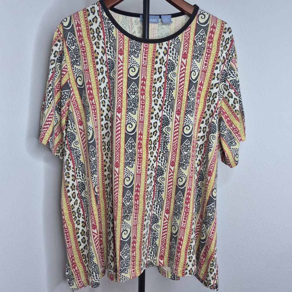Vintage 2X Leopard‎ Tribal Geometric Print Short Sleeve T-Shirt Oversized Top
